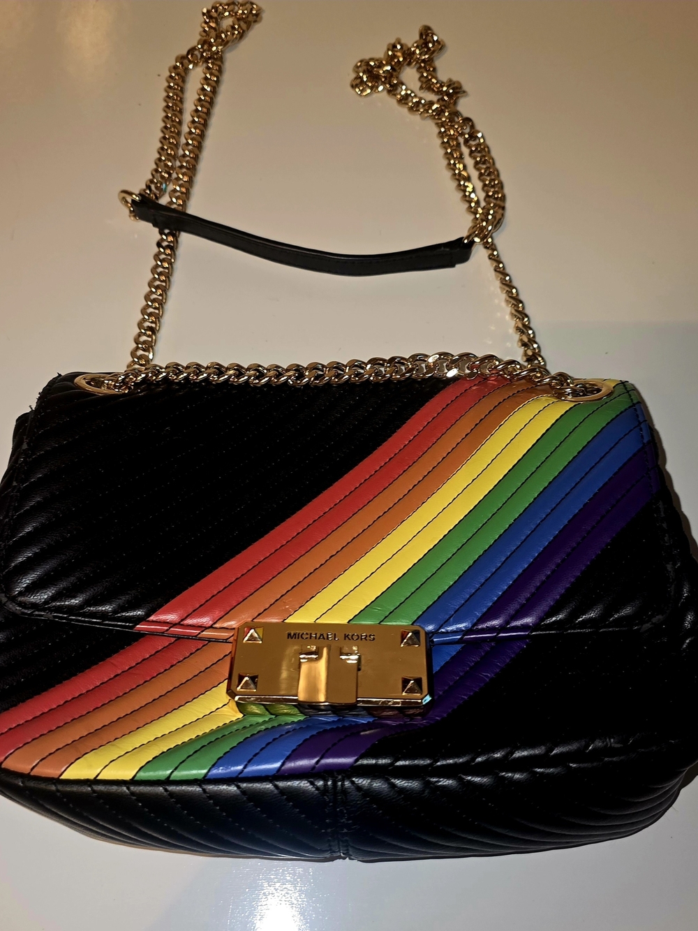 Michael Kors Black Leather Rainbow-Stripe Shoulder Bag